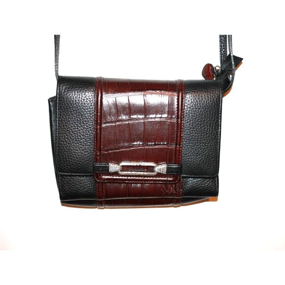 Brighton Handbags - Brighton Embossed Croc Organizer Crossbody Purse Black Brown Bag 8x5.5"